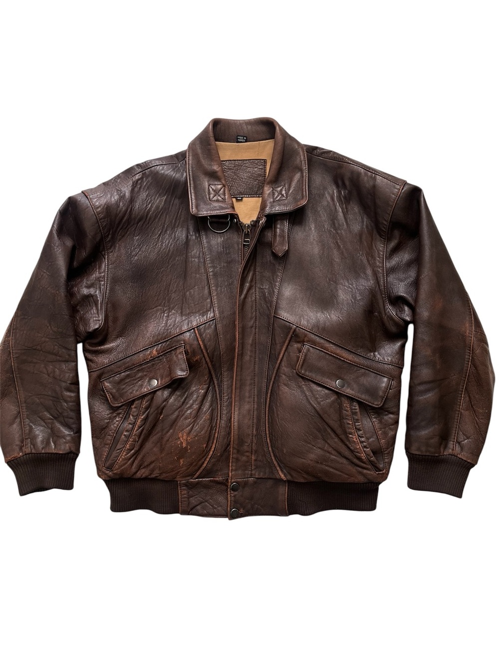Vintage Leather Jacket Mens Brown Bomber Flight Made Korea 80s Size L